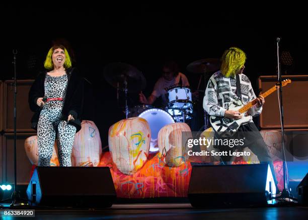 Hannah Hooper and Christian Zucconi of Grouplove perform during the Evolve World Tour at Little Caesars Arena on October 19, 2017 in Detroit,...