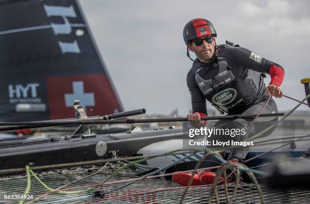 Sir Ben Ainslie of the United Kingdom helms the Land Rover BAR Academy during the Extreme Sailing Series on October 19, 2017 in San Diego, California.