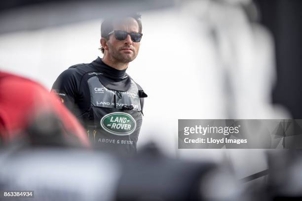 Sir Ben Ainslie of the United Kingdom helms the Land Rover BAR Academy during the Extreme Sailing Series on October 19, 2017 in San Diego, California.