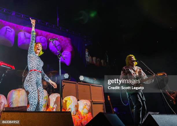 Hannah Hooper and Christian Zucconi of Grouplove perform during the Evolve World Tour at Little Caesars Arena on October 19, 2017 in Detroit,...