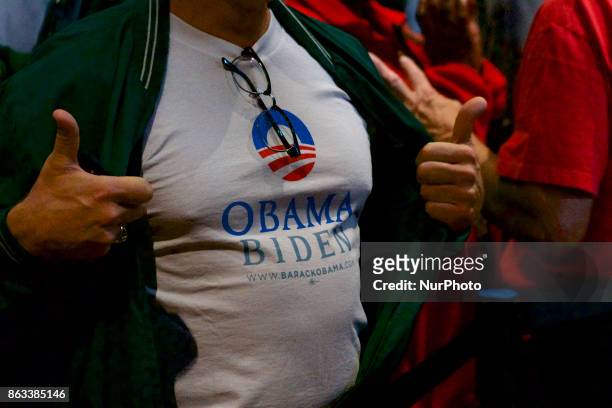 Supporter holds t-shirt during a campaign event of Democratic gubernatorial candidate for New Jersey Philip Murphy, in Newark, NJ, on October 19,...