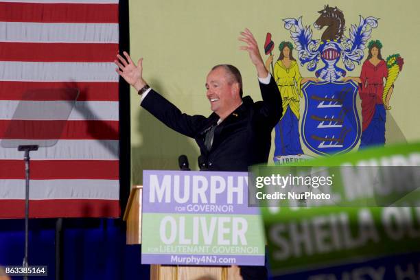 Democratic candidate Phil Murphy, who is running against Republican Lt. Gov. Kim Guadagno for the governor of New Jersey , speaks at a rally on...