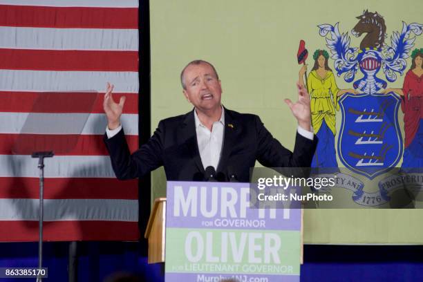 Democratic candidate Phil Murphy, who is running against Republican Lt. Gov. Kim Guadagno for the governor of New Jersey , speaks at a rally on...