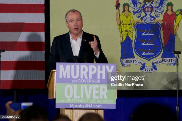 Democratic candidate Phil Murphy, who is running against Republican Lt. Gov. Kim Guadagno for the governor of New Jersey , speaks at a rally on...