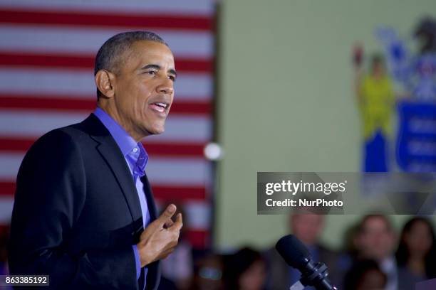 Former US President Barack Obama campaigns for New Jersey Democratic gubernatorial candidate Phil Murphy in Newark, New Jersey on October 19, 2017.