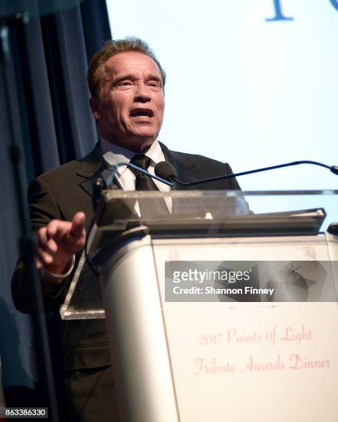 Arnold Schwarzenegger accepts the 2017 Points of Light Tribute Award at the 2017 Points of Light Gala at the French Embassy on October 19, 2017 in...