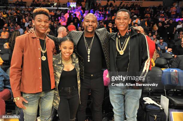 Koraun Mayweather, Iyanna Mayweather, Floyd Mayweather, Jr. And Zion Mayweather attend a basketball game between the Los Angeles Lakers and the Los...