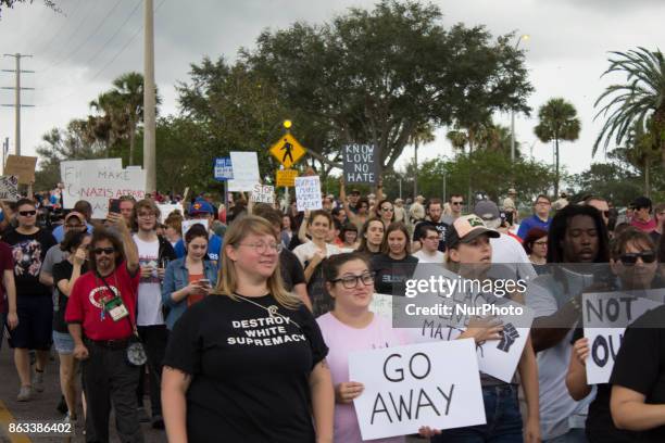 Protesters chant and carry signs against White Nationalism at the University of Florida in Gainesville, Florida, United States on October 19, 2017.