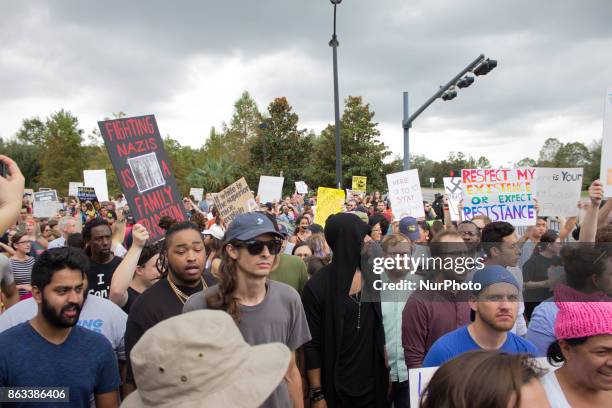 Protesters chant and carry signs against White Nationalism at the University of Florida in Gainesville, Florida, United States on October 19, 2017.