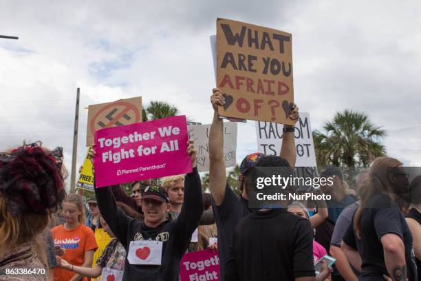 Protesters chant and carry signs against White Nationalism at the University of Florida in Gainesville, Florida, United States on October 19, 2017.