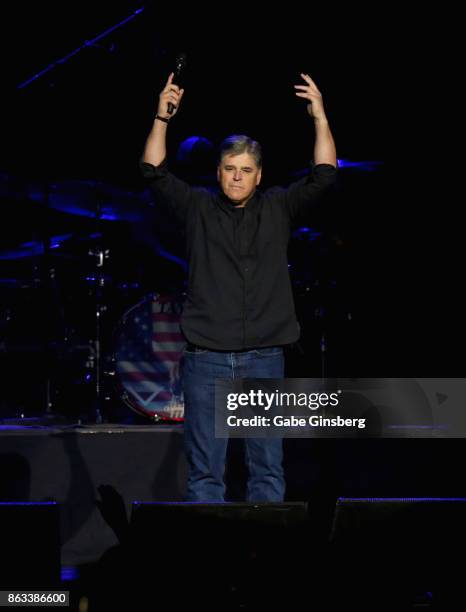 Political commentator Sean Hannity speaks during "Vegas Strong - A Night of Healing" at the Orleans Arena on October 19, 2017 in Las Vegas, Nevada....