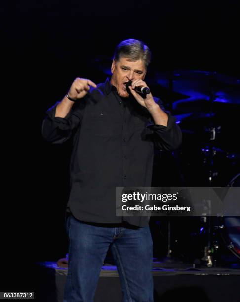 Political commentator Sean Hannity speaks during "Vegas Strong - A Night of Healing" at the Orleans Arena on October 19, 2017 in Las Vegas, Nevada....