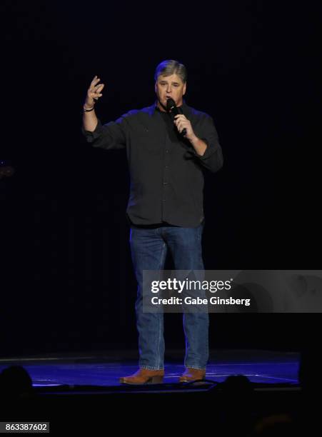 Political commentator Sean Hannity speaks during "Vegas Strong - A Night of Healing" at the Orleans Arena on October 19, 2017 in Las Vegas, Nevada....