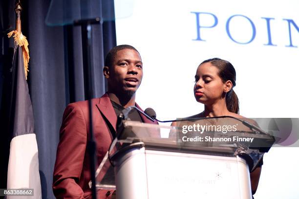 Coty Sensabaugh, cornerback for the Pittsburgh Steelers, and his wife, Dominique, accept the 2017 Tribute Award during the 2017 Points of Light Gala...