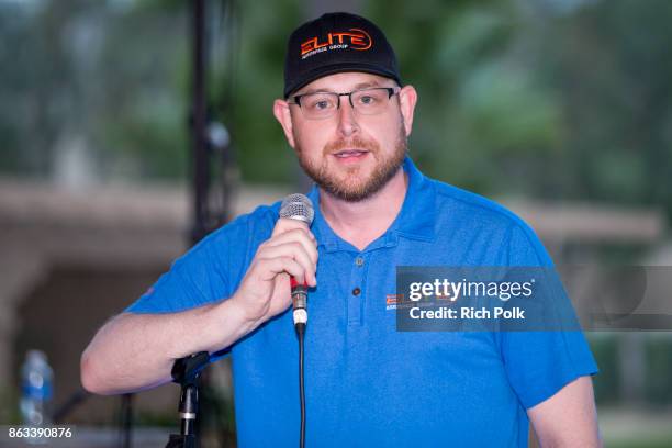 Elite Veteran Initiative Boardmember Robert Gunton speaks on stage at the Swing Fore The Vets Charity Golf Tournament on October 19, 2017 in Rancho...