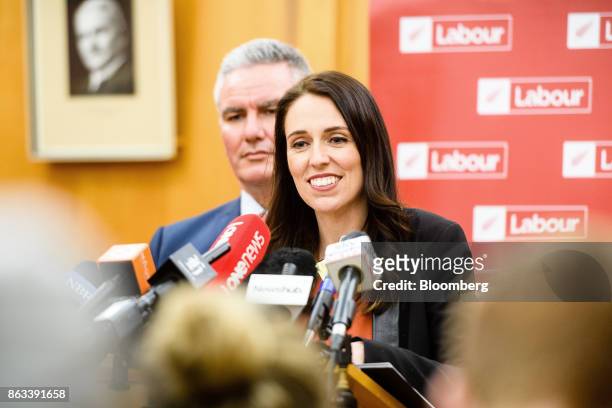 Jacinda Ardern, New Zealand's prime minister-elect, right, speaks as Kelvin Davis, deputy leader of the Labour Party, looks on during a new...