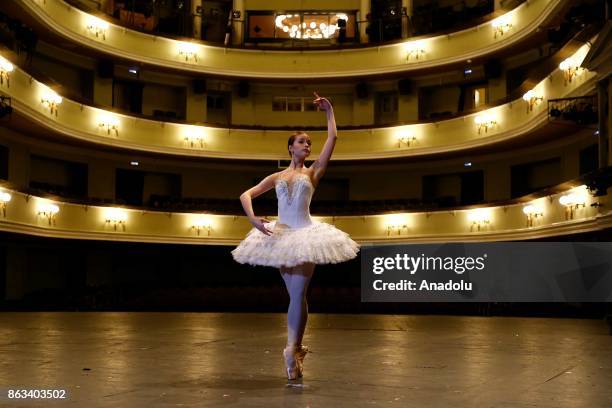 Ballerina Zhanna Gubanova during a dress rehearsal at the Russian Academic Youth Theatre in Moscow, Russia on October 20, 2017.