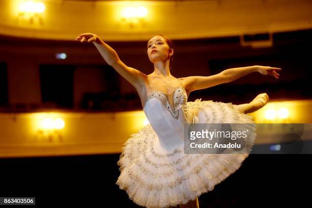 Ballerina Zhanna Gubanova during a dress rehearsal at the Russian Academic Youth Theatre in Moscow, Russia on October 20, 2017.