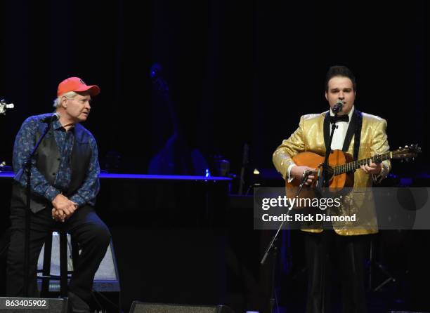 Ben Jones aka Cooter of TV's Dukes of Hazzard joins Nathan Stanley onstage during Dr. Ralph Stanley Forever: A Special Tribute Concert at Grand Ole...