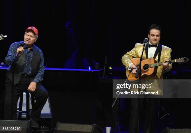 Ben Jones aka Cooter of TV's Dukes of Hazzard joins Nathan Stanley onstage during Dr. Ralph Stanley Forever: A Special Tribute Concert at Grand Ole...