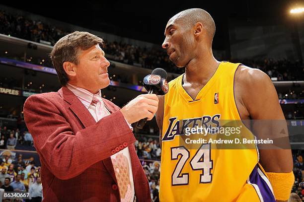 Craig Sager of TNT interviews Kobe Bryant of the Los Angeles Lakers after Game Five of the Western Conference Quarterfinals against the Utah Jazz...