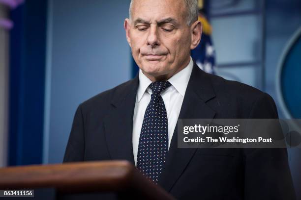 White House Chief of Staff John Kelly takes questions and talks about his son during the daily press briefing at the White House in Washington, DC on...