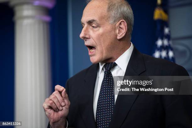 White House Chief of Staff John Kelly takes questions and talks about his son during the daily press briefing at the White House in Washington, DC on...