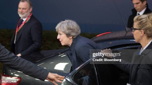 Theresa May, U.K. Prime minister, arrives for a meeting of European Union leaders in Brussels, Belgium, on Friday, Oct. 20, 2017. May told European...