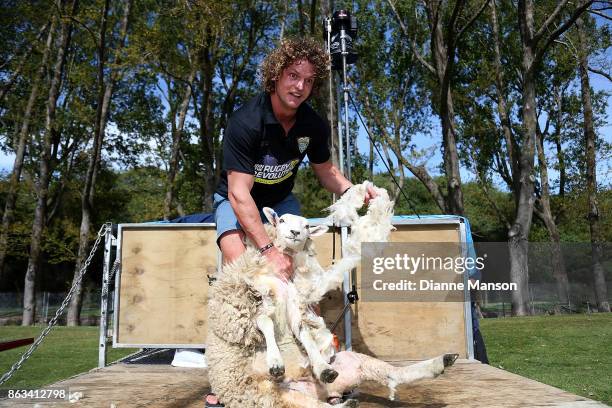 Nick Cummins attempts to shear a sheep in a sheep shearing contest on October 20, 2017 in Dunedin, New Zealand.