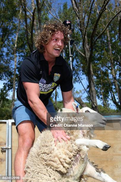 Nick Cummins attempts to shear a sheep in a sheep shearing contest on October 20, 2017 in Dunedin, New Zealand.