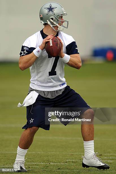 Quarterback Stephen McGee of the Dallas Cowboys drops back to pass during rookie mini camp on May 1, 2009 in Irving, Texas.