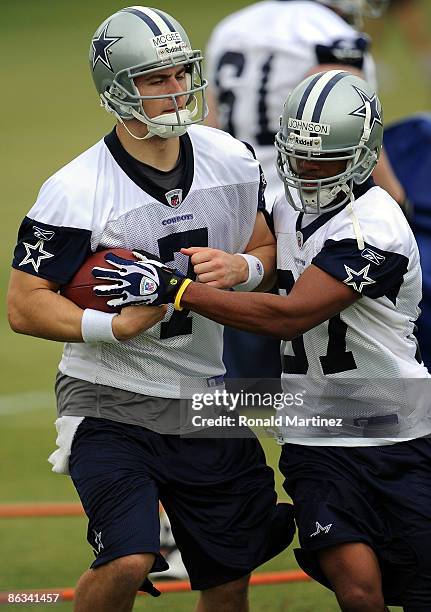 Quarterback Stephen McGee and Manuel Johnson of the Dallas Cowboys during rookie mini camp on May 1, 2009 in Irving, Texas.