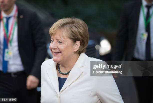 Angela Merkel, Germany's chancellor, arrives for a meeting of European Union leaders in Brussels, Belgium, on Friday, Oct. 20, 2017. U.K. Prime...