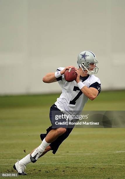 Quarterback Stephen McGee of the Dallas Cowboys drops back to pass during rookie mini camp on May 1, 2009 in Irving, Texas.