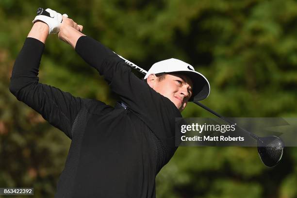 Cody Gribble of the United States hits his tee shot on the 3rd hole during the second round of the CJ Cup at Nine Bridges on October 20, 2017 in...