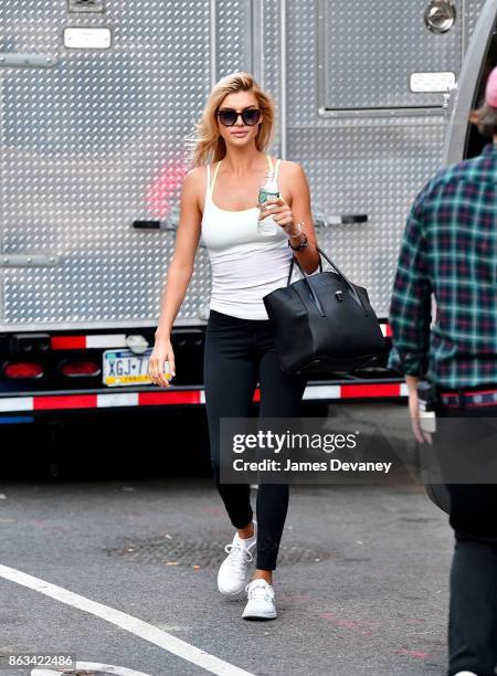 Kelly Rohrbach seen on location for Woody Allen's untitled movie in Tribeca on October 19, 2017 in New York City.
