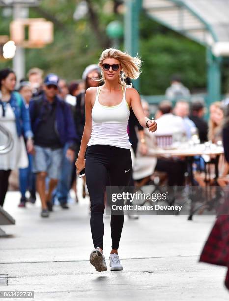 Kelly Rohrbach seen on location for Woody Allen's untitled movie in Tribeca on October 19, 2017 in New York City.