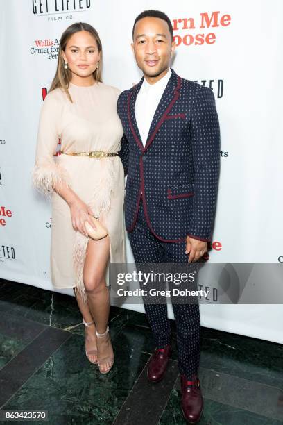 Chrissy Teigen and John Legend attend "Turn Me Loose" at Wallis Annenberg Center for the Performing Arts on October 19, 2017 in Beverly Hills,...