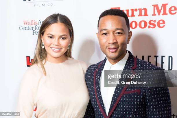 Chrissy Teigen and John Legend attend "Turn Me Loose" at Wallis Annenberg Center for the Performing Arts on October 19, 2017 in Beverly Hills,...