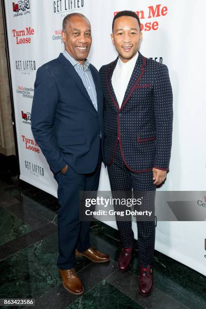 Actor Joe Morton and Singer-songwriter John Legend Attend "Turn Me Loose" at Wallis Annenberg Center for the Performing Arts on October 19, 2017 in...