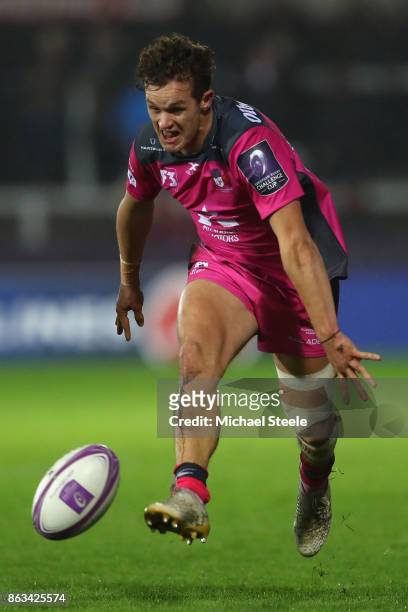 Billy Burns of Gloucester kicks ahead during the European Rugby Challenge Cup Pool 3 match between Gloucester and Agen at Kingsholm on October 19,...