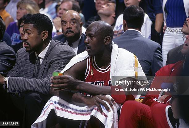 Playoffs: Chicago Bulls Michael Jordan on bench during game vs Utah Jazz. Jordan was sick with the flu. Game 5. Salt Lake City, UT 6/11/1997 CREDIT:...