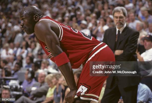 Playoffs: Chicago Bulls Michael Jordan during game vs Utah Jazz. Jordan was sick with the flu. Game 5. Salt Lake City, UT 6/11/1997 CREDIT: John W....