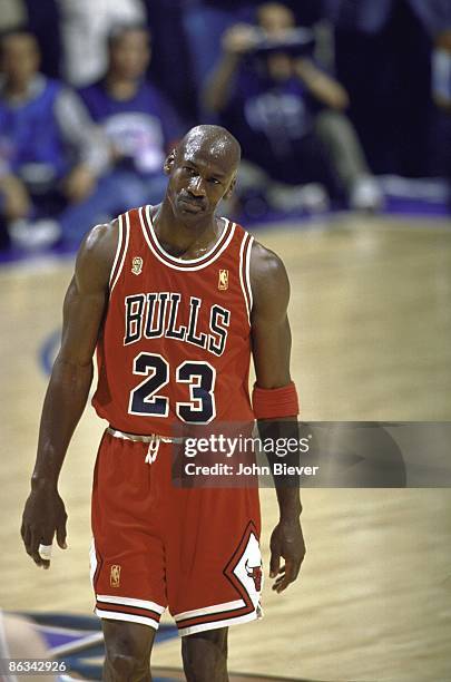 Finals: Chicago Bulls Michael Jordan on court during Game 5 vs Utah Jazz. Jordan had a stomach virus that caused a fever and dehydration. Salt Lake...