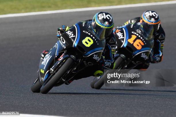 Niccolo Bulega of Italy and Sky Racing Team VR46 leads Andrea Migno of Italy and Sky Racing Team VR46 during free practice for the 2017 MotoGP of...