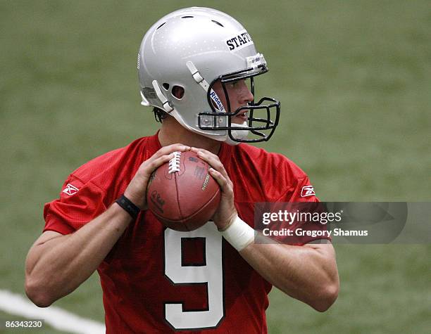 Matt Stafford of the Detroit Lions throws during rookie orientation camp at the Detroit Lions Headquarters and Training Facility on May 1, 2009 in...