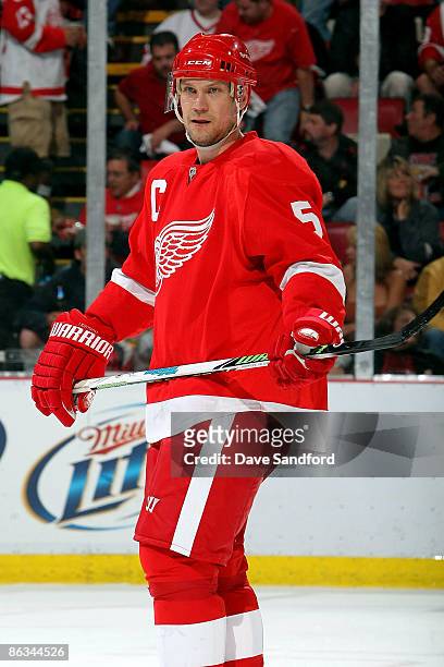Captain Nicklas Lidstrom of the Detroit Red Wings lines up for a face-off during Game One of the Western Conference Semifinal Round of the 2009...