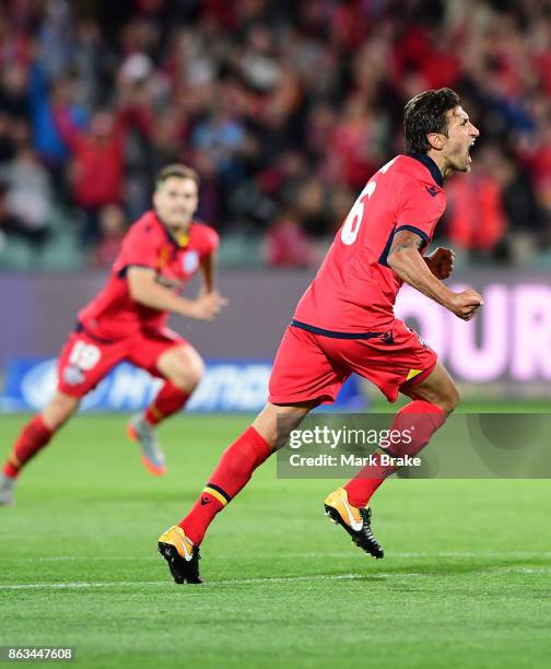 Adelaide Uniteds Vince Lia scores the equaliser during the round three A-League match between Adelaide United and Melbourne Victory at Adelaide Oval...