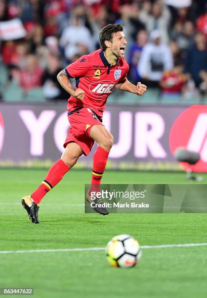 Adelaide Uniteds Vince Lia scores the equaliser during the round three A-League match between Adelaide United and Melbourne Victory at Adelaide Oval...