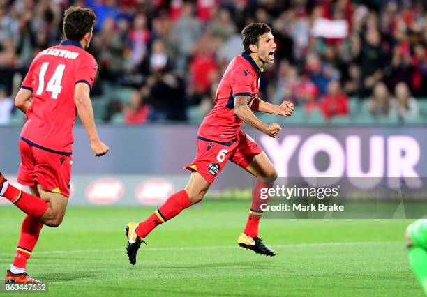 Adelaide Uniteds Vince Lia scores the equaliser during the round three A-League match between Adelaide United and Melbourne Victory at Adelaide Oval...